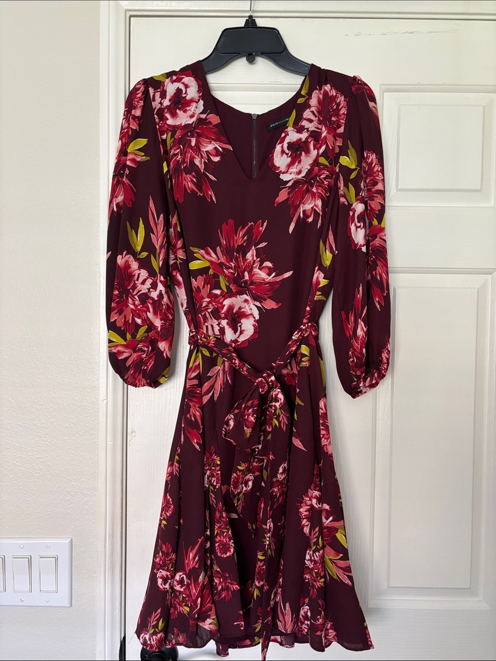 White House Black Market Burgundy Floral 3/4 Sleeve Midi Dress